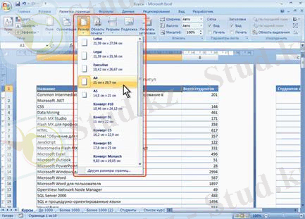 Выбор размера страницы